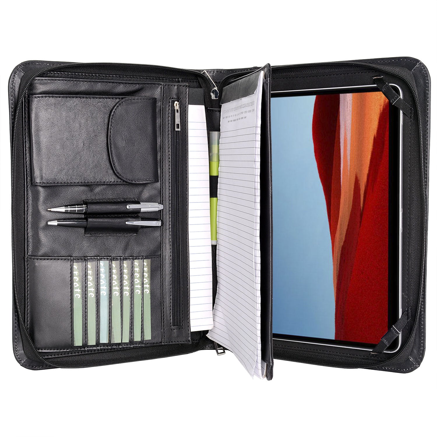 Leather Organizer Padfolio with Handle and Pocket, Zipper Leather